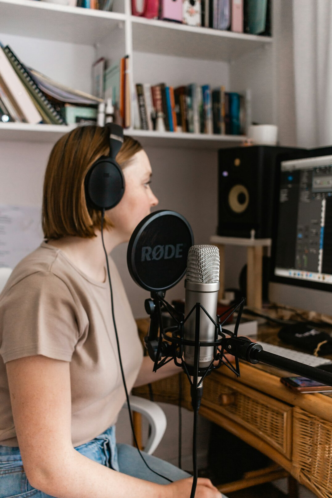 woman listening to podcast